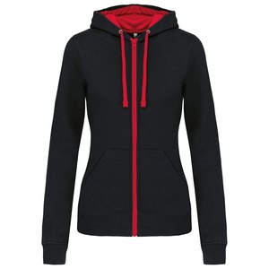 Kariban K467 - Ladies’ contrast hooded full zip sweatshirt Czarno/Czerwony