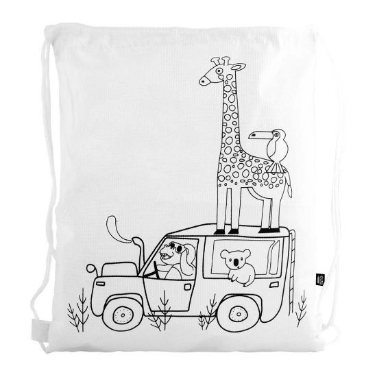 EgotierPro 52046 - Biała torba RPET z zabawnymi zwierzętami + zestaw 4 kredki SAFUN